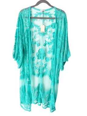 Bohemian Kimono Women's M L All Over Lace Sheer Boho Turquoise Festival Duster